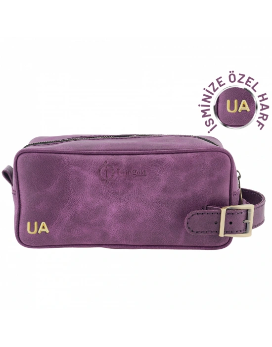 İsme Özel Dopp Kit Kişisel Bakım ve Seyahat Çantası - %100 Rainbow Deri - AC14004 - Mor