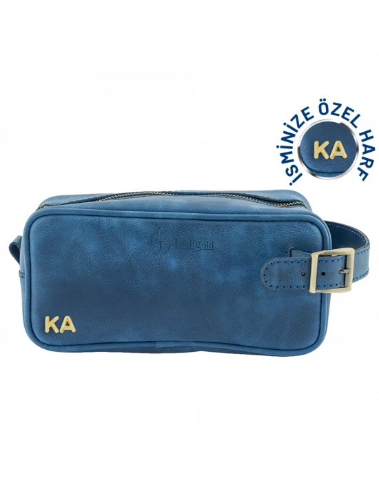 İsme Özel Dopp Kit Kişisel Bakım ve Seyahat Çantası - %100 Rainbow Deri - AC14004 - Saks Mavisi