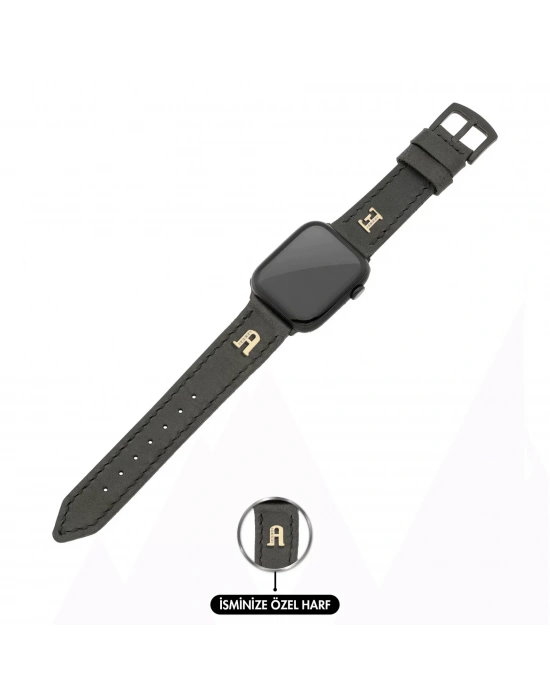 İsme Özel El Dikişli Apple Watch Saat Kordonu - %100 Çift Kat Deri - AG03001 - Antrasit