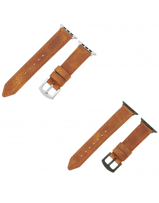 İsme Özel El Dikişli Apple Watch Saat Kordonu - %100 Çift Kat Deri - AG03001 - Camel