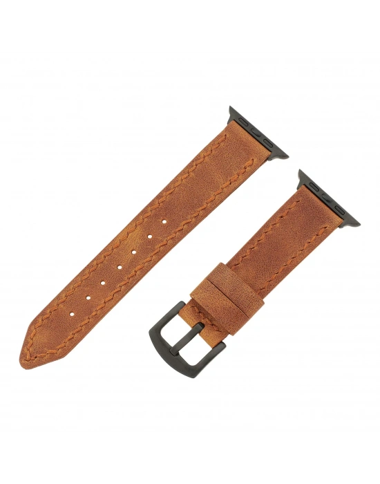 İsme Özel El Dikişli Apple Watch Saat Kordonu - %100 Çift Kat Deri - AG03001 - Camel
