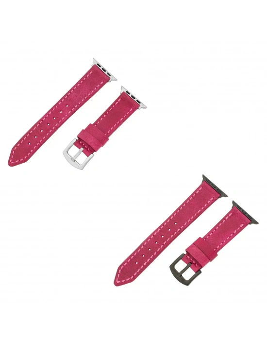 İsme Özel El Dikişli Apple Watch Saat Kordonu - %100 Çift Kat Deri - AG03001 - Fuşya