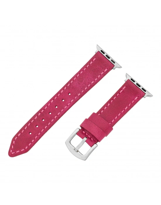 İsme Özel El Dikişli Apple Watch Saat Kordonu - %100 Çift Kat Deri - AG03001 - Fuşya