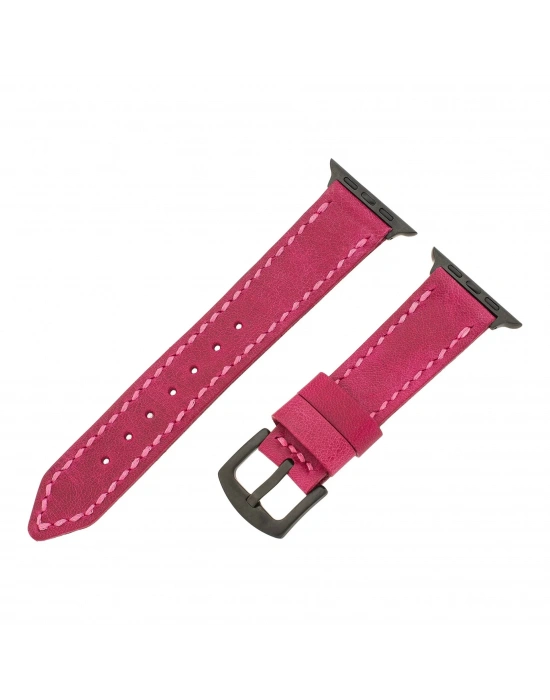 İsme Özel El Dikişli Apple Watch Saat Kordonu - %100 Çift Kat Deri - AG03001 - Fuşya