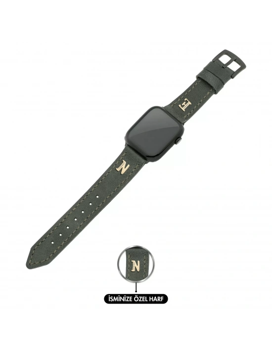 İsme Özel El Dikişli Apple Watch Saat Kordonu - %100 Çift Kat Deri - AG03001 - Haki