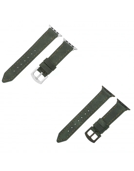 İsme Özel El Dikişli Apple Watch Saat Kordonu - %100 Çift Kat Deri - AG03001 - Haki