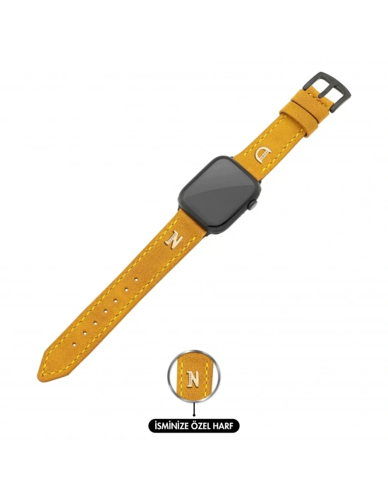 İsme Özel El Dikişli Apple Watch Saat Kordonu - %100 Çift Kat Deri - AG03001 - Hardal Sarısı