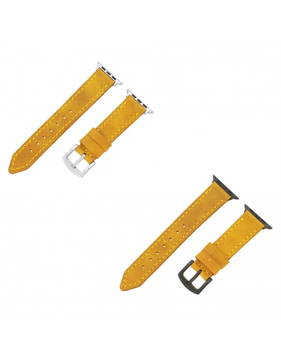 İsme Özel El Dikişli Apple Watch Saat Kordonu - %100 Çift Kat Deri - AG03001 - Hardal Sarısı