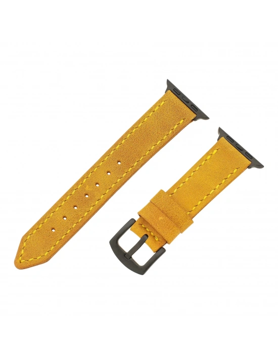 İsme Özel El Dikişli Apple Watch Saat Kordonu - %100 Çift Kat Deri - AG03001 - Hardal Sarısı
