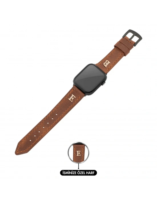 İsme Özel El Dikişli Apple Watch Saat Kordonu - %100 Çift Kat Deri - AG03001 - Kahverengi