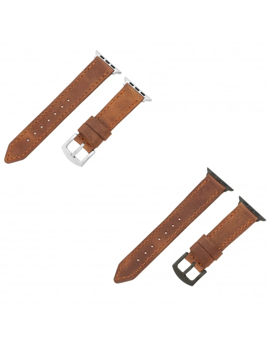 İsme Özel El Dikişli Apple Watch Saat Kordonu - %100 Çift Kat Deri - AG03001 - Kahverengi