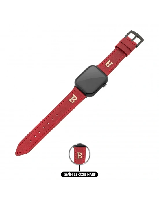 İsme Özel El Dikişli Apple Watch Saat Kordonu - %100 Çift Kat Deri - AG03001 - Kırmızı