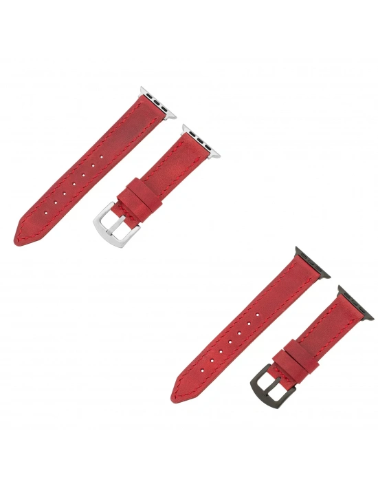 İsme Özel El Dikişli Apple Watch Saat Kordonu - %100 Çift Kat Deri - AG03001 - Kırmızı