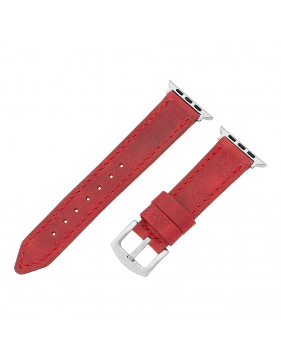 İsme Özel El Dikişli Apple Watch Saat Kordonu - %100 Çift Kat Deri - AG03001 - Kırmızı