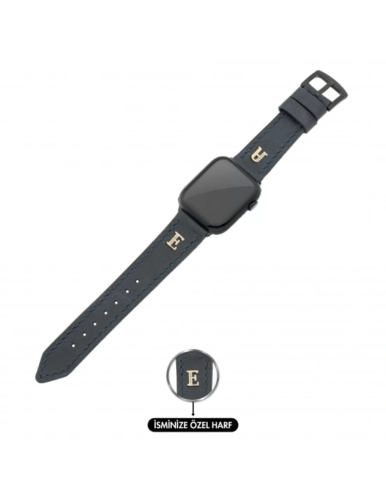 İsme Özel El Dikişli Apple Watch Saat Kordonu - %100 Çift Kat Deri - AG03001 - Lacivert