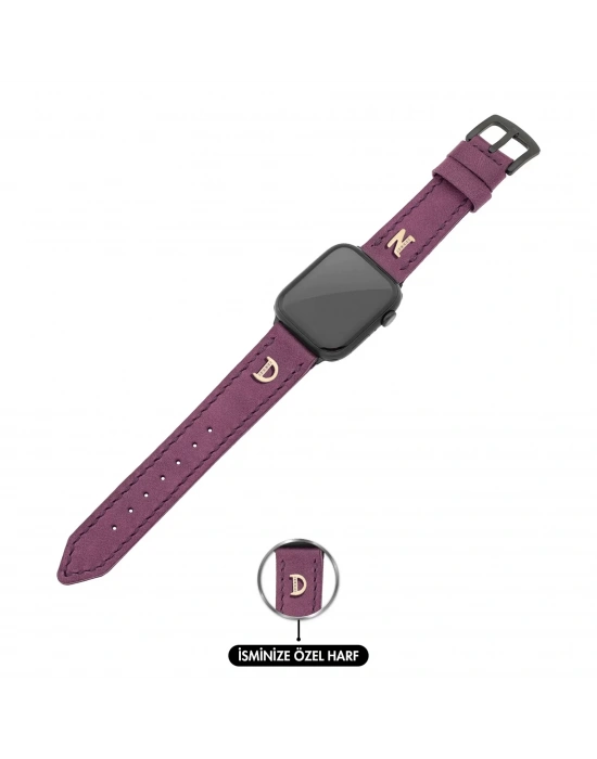 İsme Özel El Dikişli Apple Watch Saat Kordonu - %100 Çift Kat Deri - AG03001 - Mor