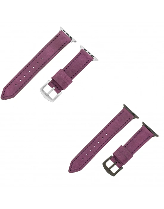 İsme Özel El Dikişli Apple Watch Saat Kordonu - %100 Çift Kat Deri - AG03001 - Mor