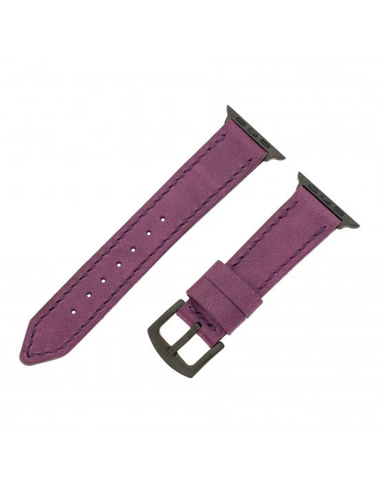 İsme Özel El Dikişli Apple Watch Saat Kordonu - %100 Çift Kat Deri - AG03001 - Mor