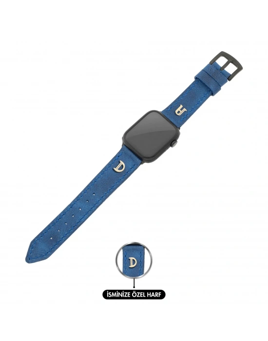 İsme Özel El Dikişli Apple Watch Saat Kordonu - %100 Çift Kat Deri - AG03001 - Saks Mavisi