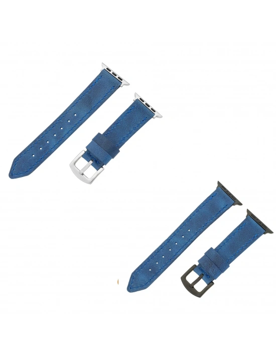 İsme Özel El Dikişli Apple Watch Saat Kordonu - %100 Çift Kat Deri - AG03001 - Saks Mavisi