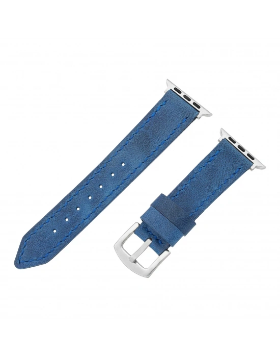 İsme Özel El Dikişli Apple Watch Saat Kordonu - %100 Çift Kat Deri - AG03001 - Saks Mavisi