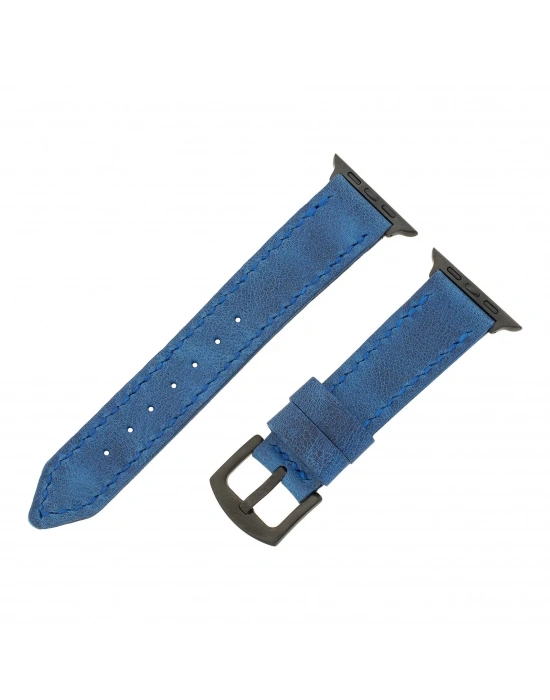 İsme Özel El Dikişli Apple Watch Saat Kordonu - %100 Çift Kat Deri - AG03001 - Saks Mavisi