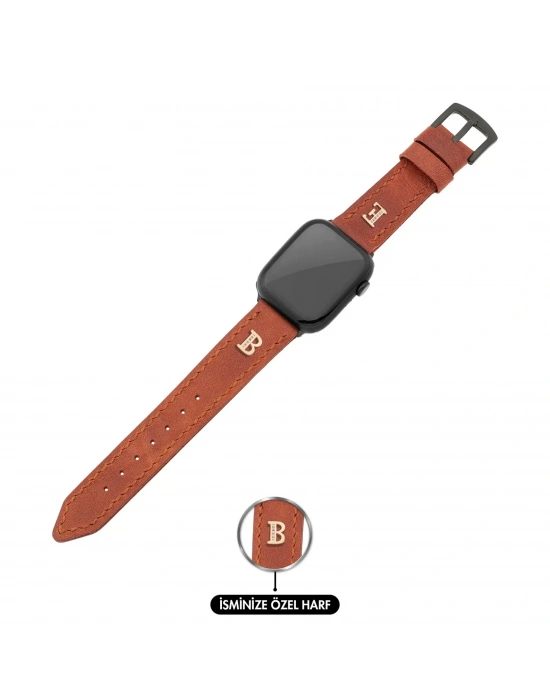 İsme Özel El Dikişli Apple Watch Saat Kordonu - %100 Çift Kat Deri - AG03001 - Tobacco