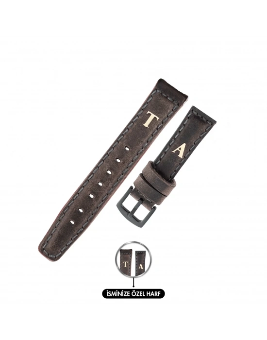 İsme Özel El Dikişli Saat Kordonu - %100 Crazy Deri - AG03002 - Antrasit