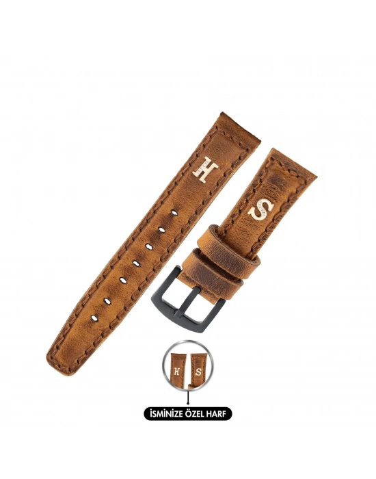 İsme Özel El Dikişli Saat Kordonu - %100 Crazy Deri - AG03002 - Taba