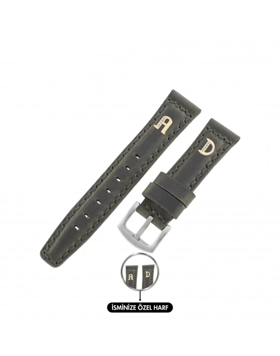 İsme Özel El Dikişli Saat Kordonu - %100 Crazy Deri - AG03002 - Yeşil