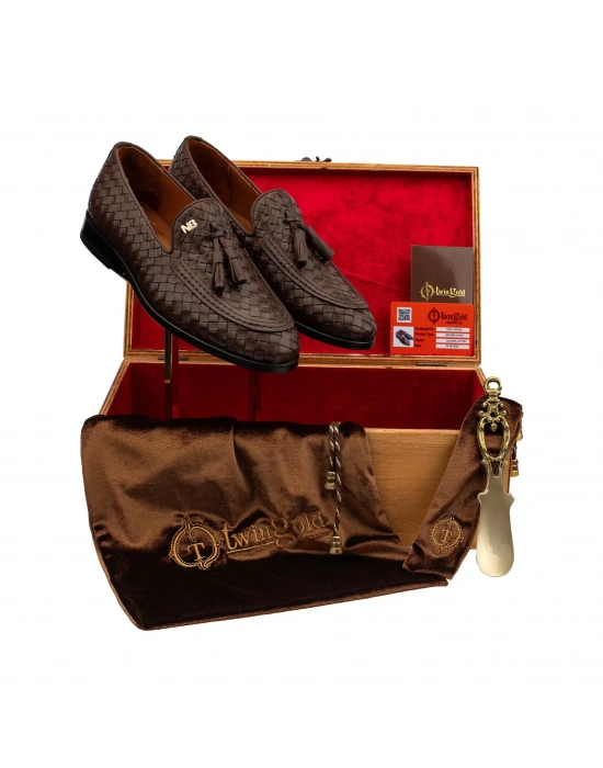 İsme Özel El Örgüsü Kösele Erkek Ayakkabı - %100 Hakiki Deri - Altın Harf - AA01002 - Kahverengi