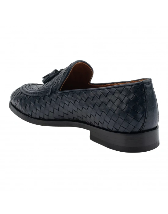 İsme Özel El Örgüsü Kösele Erkek Ayakkabı - %100 Hakiki Deri - Altın Harf - AA01002 - Lacivert