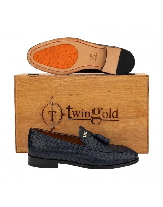 İsme Özel El Örgüsü Kösele Erkek Ayakkabı - %100 Hakiki Deri - Altın Harf - AA01002 - Lacivert