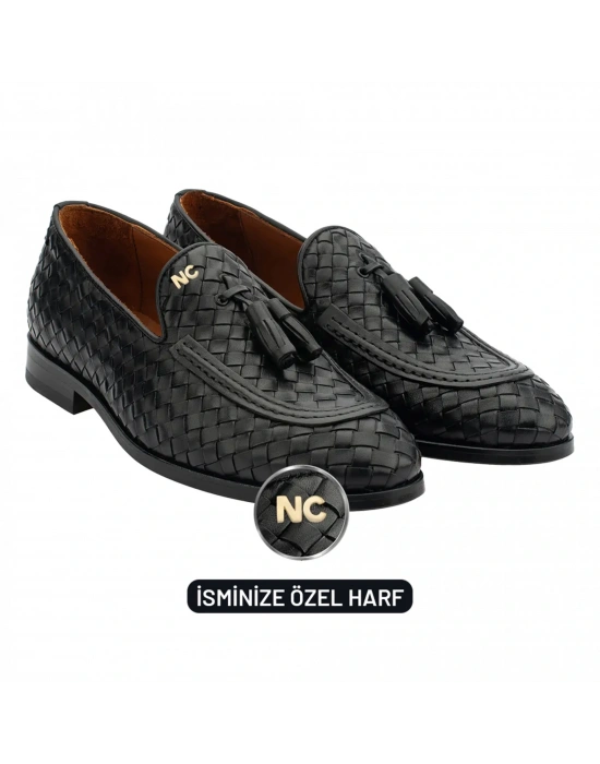 İsme Özel El Örgüsü Kösele Erkek Ayakkabı - %100 Hakiki Deri - Altın Harf - AA01002 - Siyah