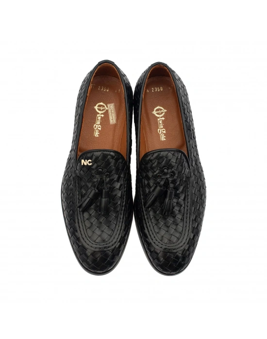 İsme Özel El Örgüsü Kösele Erkek Ayakkabı - %100 Hakiki Deri - Altın Harf - AA01002 - Siyah