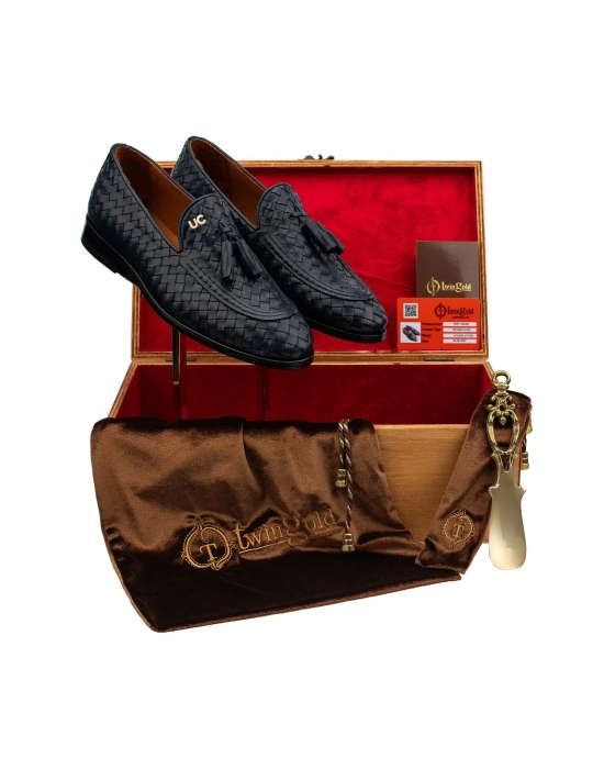 İsme Özel El Örgüsü Kösele Erkek Ayakkabı - %100 Hakiki Deri - Gümüş Konseptli- AA01010 - Lacivert