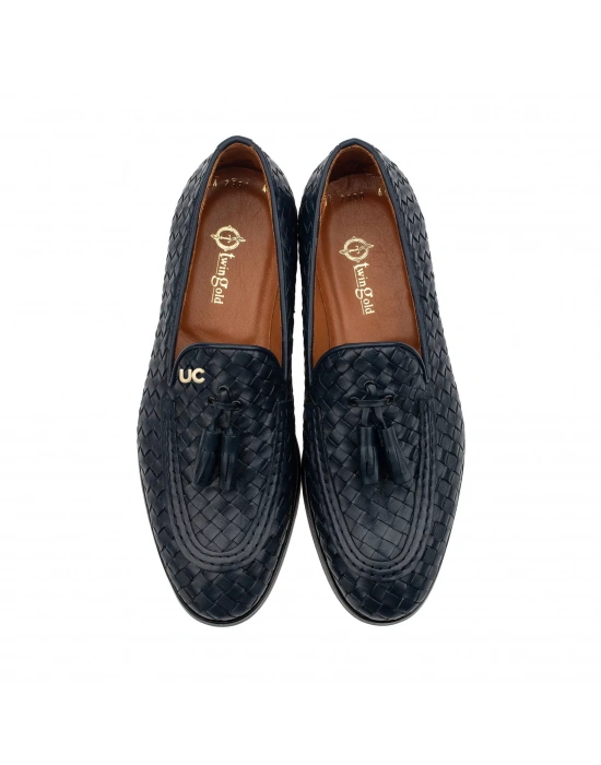 İsme Özel El Örgüsü Kösele Erkek Ayakkabı - %100 Hakiki Deri - Gümüş Konseptli- AA01010 - Lacivert