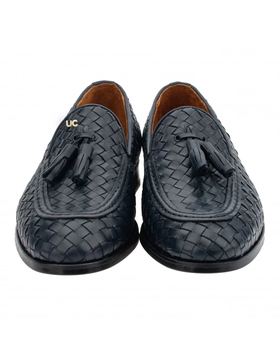 İsme Özel El Örgüsü Kösele Erkek Ayakkabı - %100 Hakiki Deri - Gümüş Konseptli- AA01010 - Lacivert