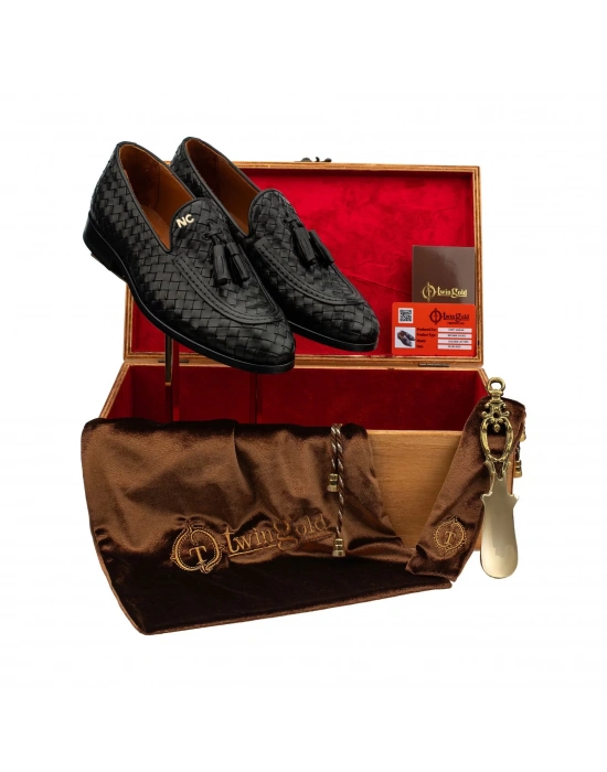 İsme Özel El Örgüsü Kösele Erkek Ayakkabı - %100 Hakiki Deri - Gümüş Konseptli - AA01010 - Siyah