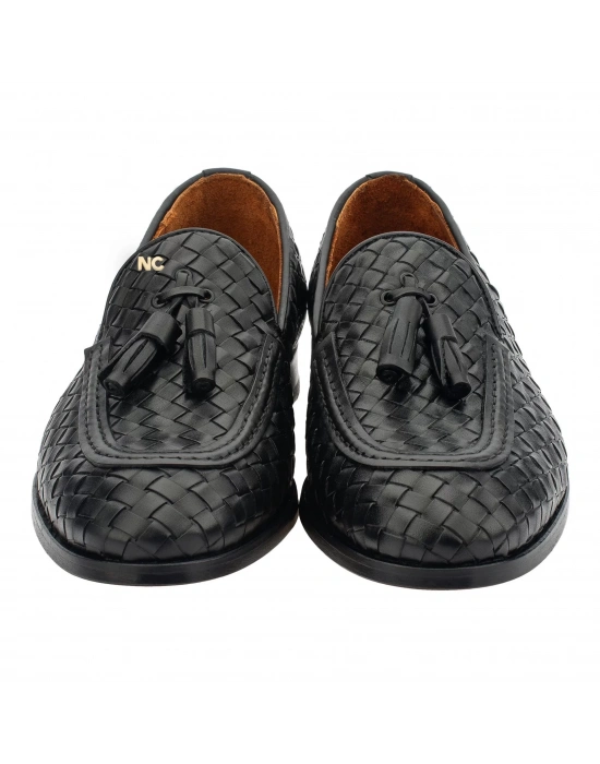 İsme Özel El Örgüsü Kösele Erkek Ayakkabı - %100 Hakiki Deri - Gümüş Konseptli - AA01010 - Siyah
