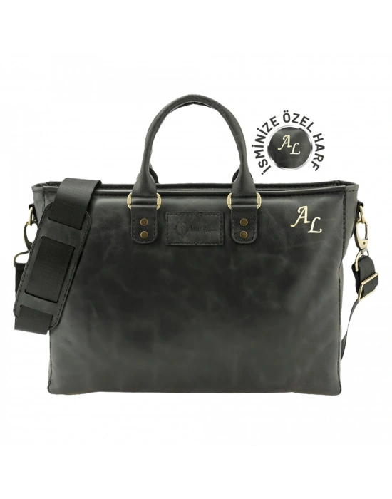 İsme Özel Günlük Kullanım El Omuz Evrak Laptop Çantası - %100 Deri - AC09004 - Antrasit