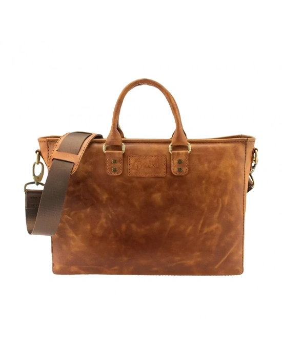 İsme Özel Günlük Kullanım El Omuz Evrak Laptop Çantası - %100 Deri - AC09004 - Camel