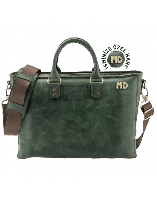 İsme Özel Günlük Kullanım El Omuz Evrak Laptop Çantası - %100 Deri - AC09004 - Haki