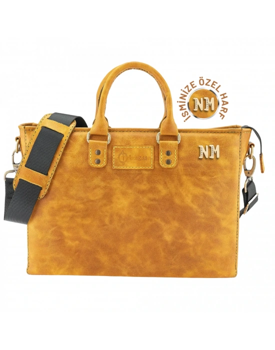 İsme Özel Günlük Kullanım El Omuz Evrak Laptop Çantası - %100 Deri - AC09004 - Hardal Sarısı