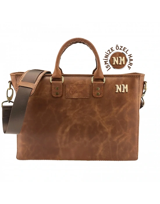 İsme Özel Günlük Kullanım El Omuz Evrak Laptop Çantası - %100 Deri - AC09004 - Kahverengi