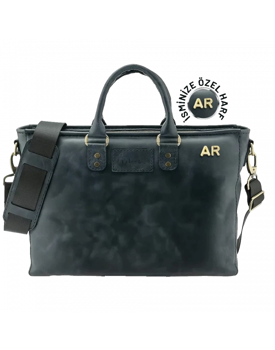 İsme Özel Günlük Kullanım El Omuz Evrak Laptop Çantası - %100 Deri - AC09004 - Lacivert