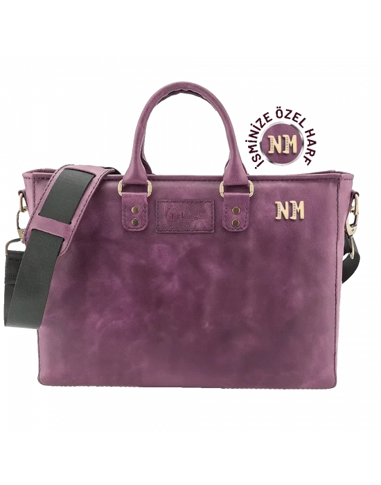 İsme Özel Günlük Kullanım El Omuz Evrak Laptop Çantası - %100 Deri - AC09004 - Mor