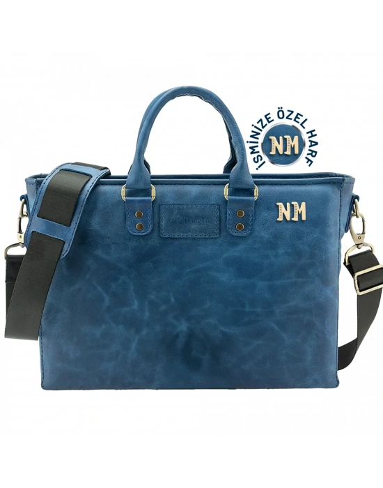 İsme Özel Günlük Kullanım El Omuz Evrak Laptop Çantası - %100 Deri - AC09004 - Saks Mavisi