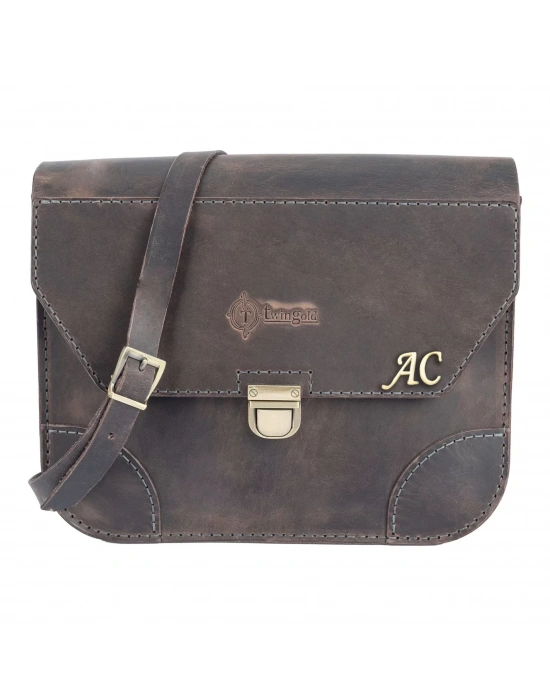 İsme Özel Günlük Orta Boy Omuz Çantası - %100 Crazy Deri - AC03002 - Antrasit