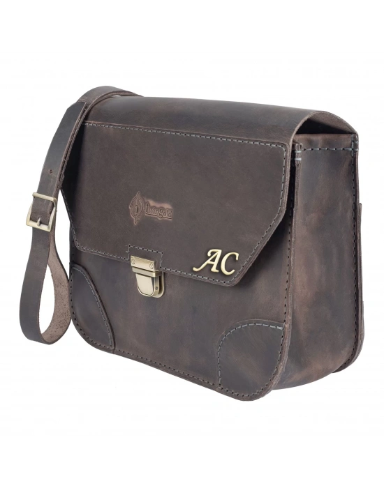 İsme Özel Günlük Orta Boy Omuz Çantası - %100 Crazy Deri - AC03002 - Antrasit